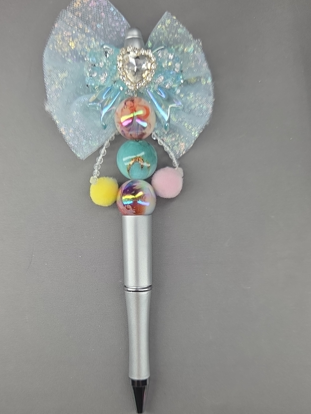 Iridescent Blue Bow,Pom-Pom Ballpoint Pen